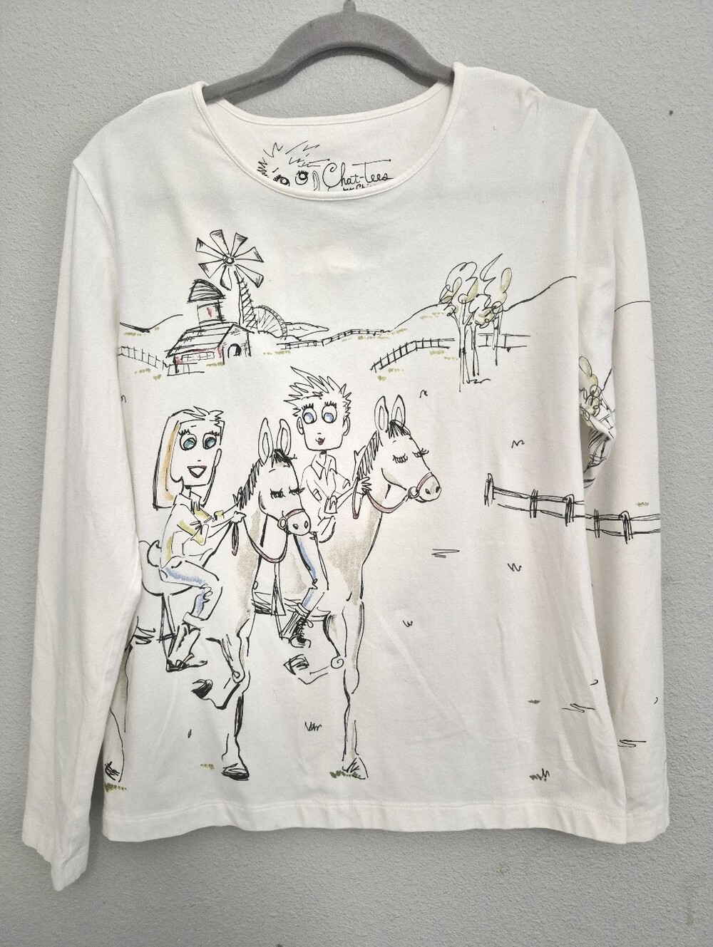 Chico's Chat-tees Saddle Up Cotton Long Sleeve White Top Size 1 Or Medium